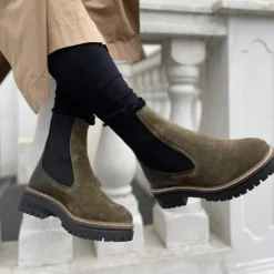 Outlet Dame Fall 21 Suede Mode støvler kakigrøn Dame Støvler|Støvler