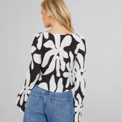 Discount Dame Kendal Langærmet Bådudskæring Flared Top Sort Monokrom Blomst Dame Overdele·Overdele