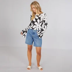 Discount Dame Kendal Langærmet Bådudskæring Flared Top Sort Monokrom Blomst Dame Overdele·Overdele