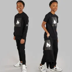 Outlet Drenge kombi patch t-shirt sweatshirt og joggingbukser træningssæt Sort Træningsdragter