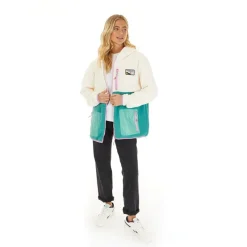 Outlet Fleece med lynlås til kvinder Ecru/Teal Dame Jakker Og Frakker·Fleecetøj|Hættetrøjer Og Sweatshirts·Fleecetøj