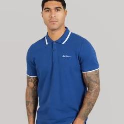 Discount Herre dobbelt stribet polo skjorte Royal Blue T-Shirts, Poloer Og Skjorter·Poloer