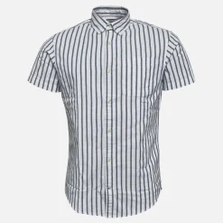 Outlet Herre Oxford Stripe Skjorter med korte ærmer Blå T-Shirts, Poloer Og Skjorter·Skjorter