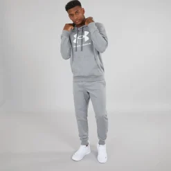 Best Hættetrøje til Herre UA Rival Fleece Logo Castlerock Lysegrå/​Hvid Træning|T-Shirts Og Undertrøjer