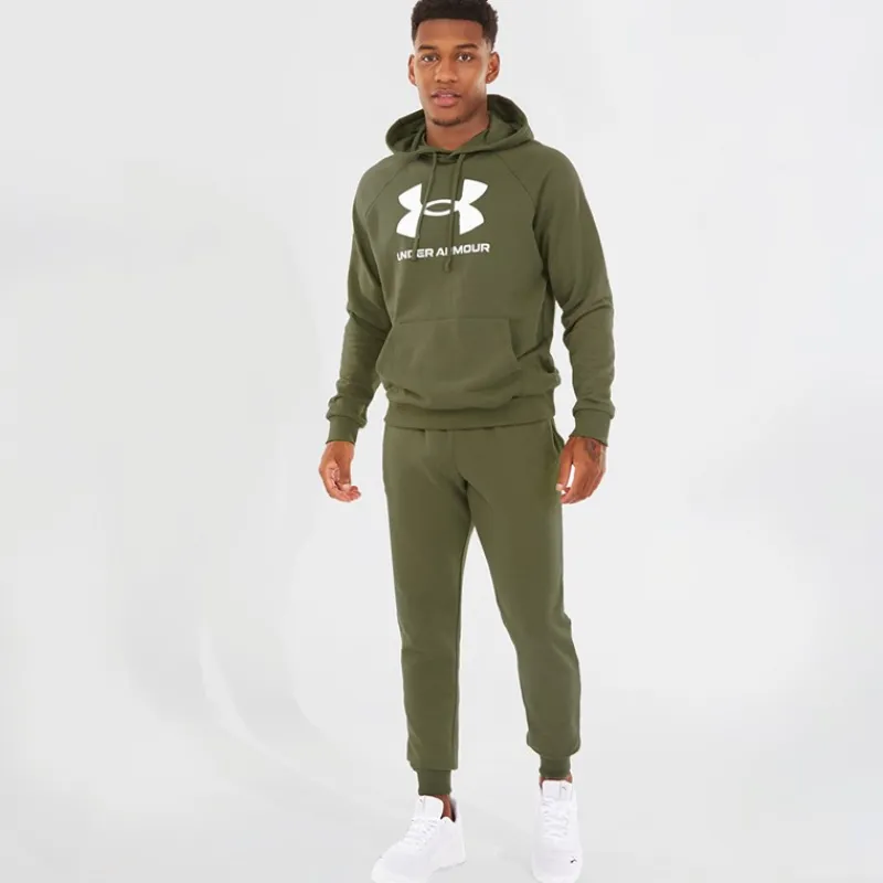 Best Hættetrøje til Herre UA Rival Fleece Logo Marine OD Grøn/Hvid Træning|T-Shirts Og Undertrøjer