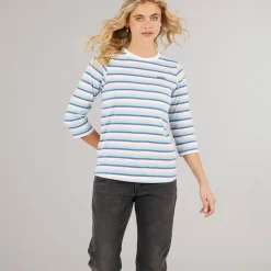 Clearance Langærmet T-shirt til kvinder Auborn Hvid/​Lys støvet Rosa/​Grøn/​Blå/​Marineblå Stribet Dame Overdele·T-Shirts|Overdele·Overdele