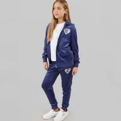 Best Piger Velour Hjerte Logo Træningssæt Blå Print Træningsdragter Og Sæt
